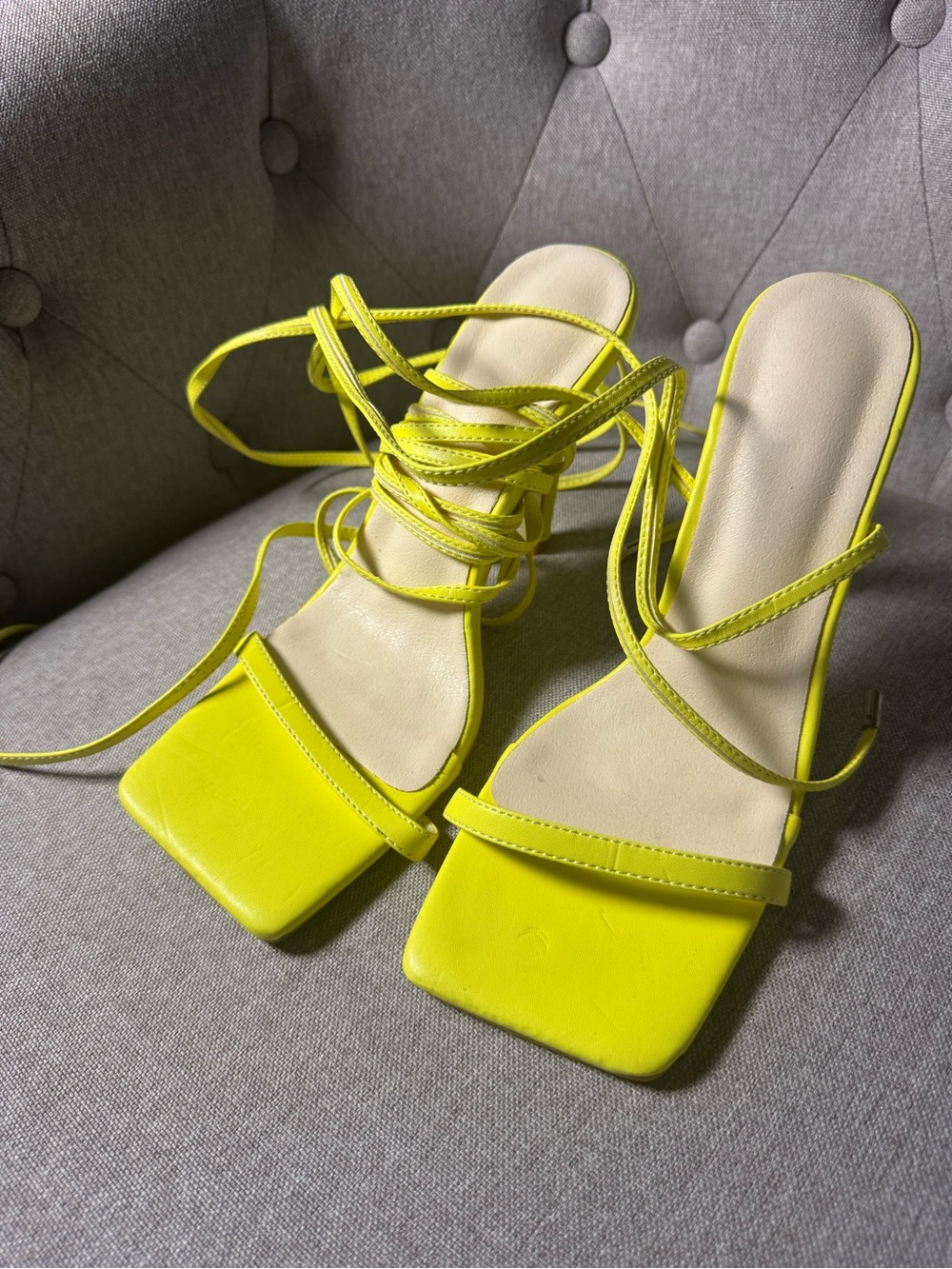 Neon Yellow Lace-Up Square Toe Heels
